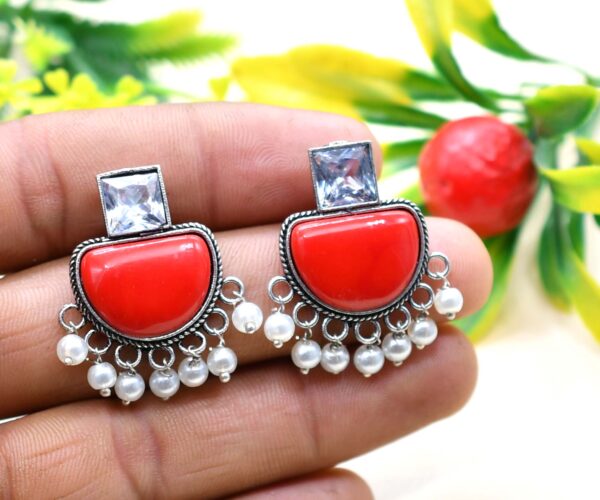 Stone Studded Brass Oxidised Drop Earrings - Image 2