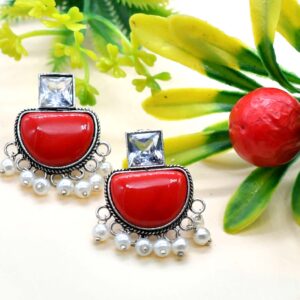 Stone Studded Brass Oxidised Drop Earrings