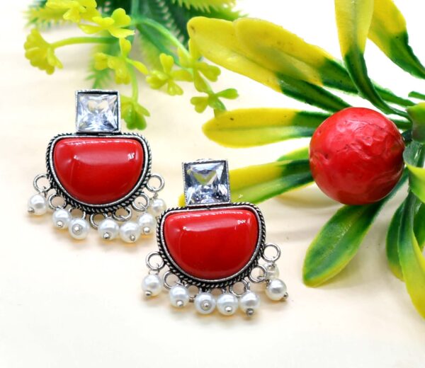 Stone Studded Brass Oxidised Drop Earrings