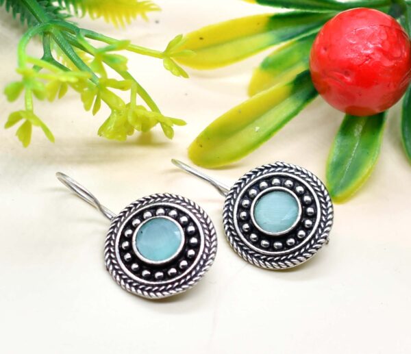 Monalisa Stone Studded Brass Oxidised Hook Earrings - Image 9