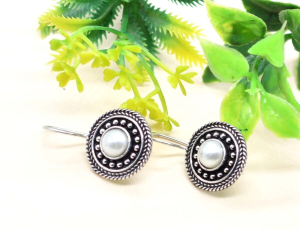 Monalisa Stone Studded Brass Oxidised Hook Earrings