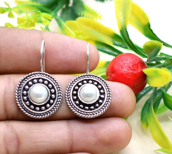 Monalisa Stone Studded Brass Oxidised Hook Earrings - Image 8