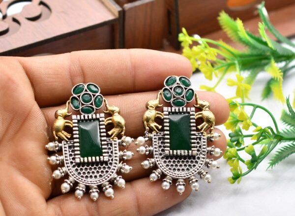 Gold And Oxidised Silver Plated Stone Earrings - Image 2