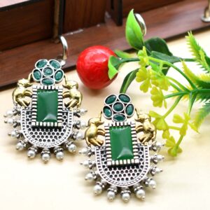 Gold And Oxidised Silver Plated Stone Earrings