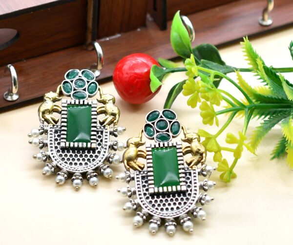 Gold And Oxidised Silver Plated Stone Earrings
