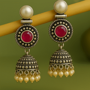 Antique Jhumka Earrings with Stone & Pearl Drops