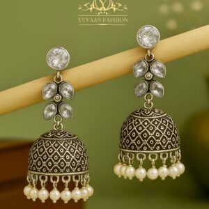 Royal Oxidized Silver Jhumkas with Pearls