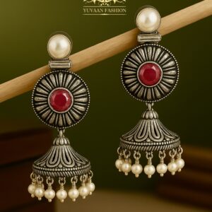 Stone Jhumka Earrings with Pearl Drops
